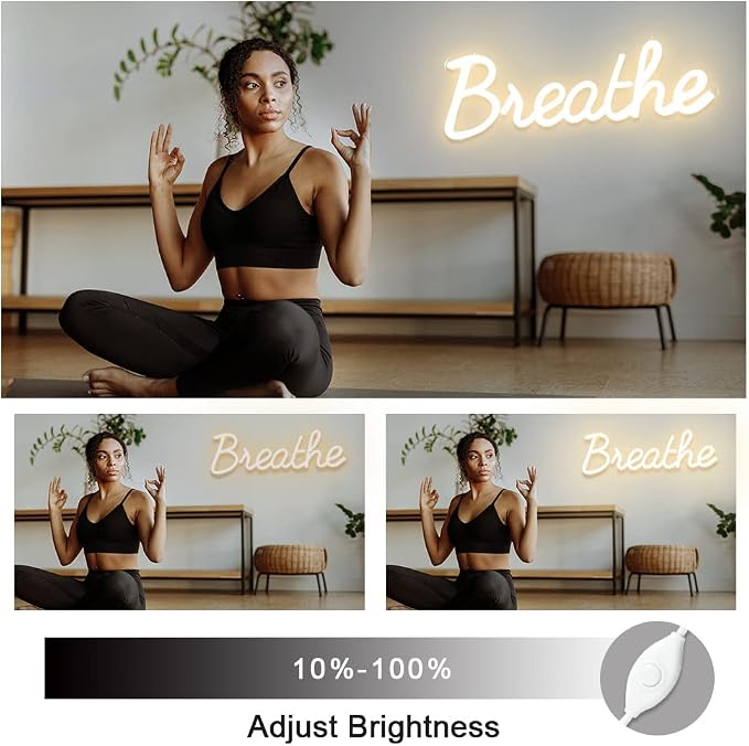 Breathe Neon Sign for Wall Decor by 5V USB Powered, Neon Breathe Signs with Dimmer Switch for Home, Yoga Studio Bedroom Readingroom, Lounge Wall Decoration Size 17x6 inches Warm White Yoga Studio Decor
