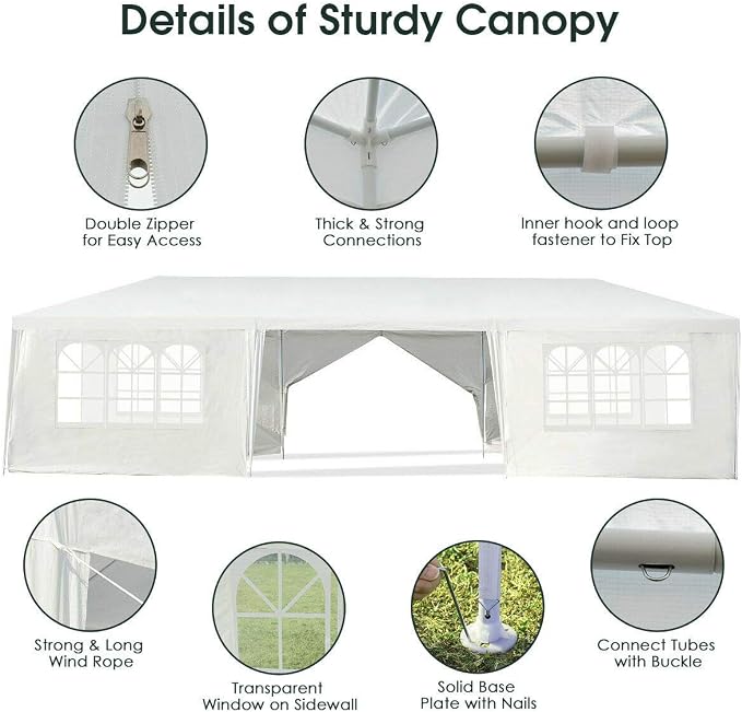 Tangkula 10' x 30' Outdoor Waterproof Gazebo Canopy w/ 6 Removable Sidewalls and 2 Doorways, Heavy Duty Large Tent w/Strong Connection Stakes Ropes for Party Wedding Events Beach BBQ (White)