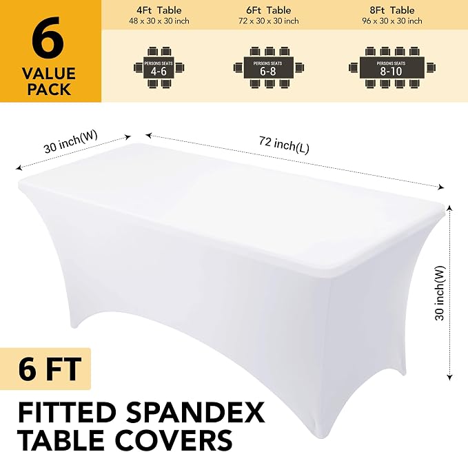 6-Pack Premium White Spandex Tablecloths for 6ft Rectangle Tables, Stain & Wrinkle-Resistant, Washable Stretch Polyester Fitted Table Cover for Weddings, Banquets, Trade Shows Events