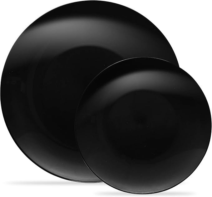PLASTICPRO 128 Piece Combo Plates Set - 64-7'' & 64-10'' Black Plastic Party Plates - Premium Heavyweight, Elegant, Disposable Tableware