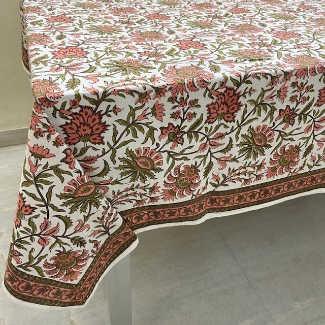 Ridhi New York Pink and Olive Green Hand Block Print Cotton Rectangle Tablecloth 120" x 80" inches Reusable Table Cover Decorative Everyday Use for Dining Room, Farmhouse, Gift Spring, Mother's Day