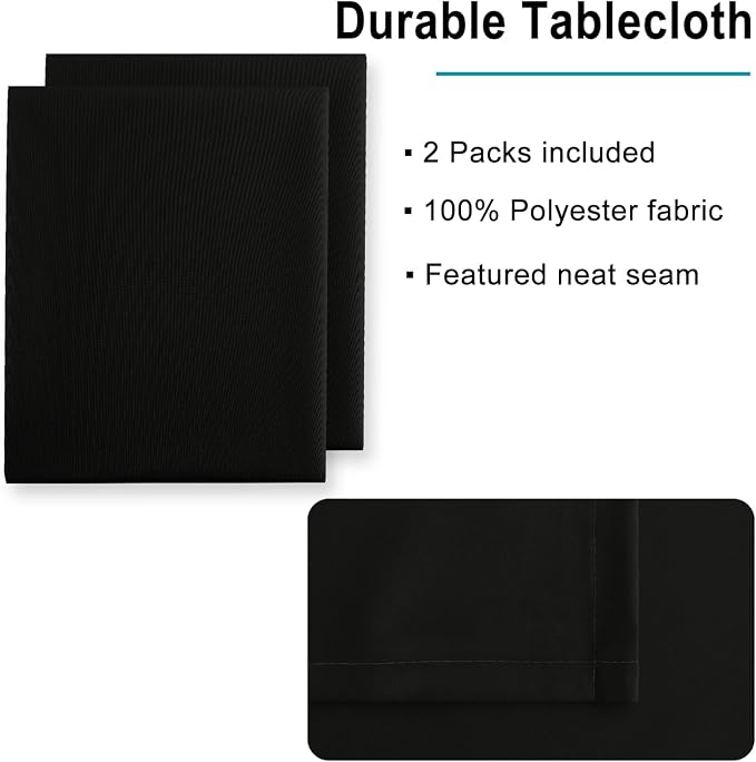 Hiasan 2 Pieces Black Tablecloth Rectangle - Waterproof and Wrinklr Resistant Washable Polyester Fabric Table Cloth for Dining Room and Outdoor Use, 70 x 140 Inch