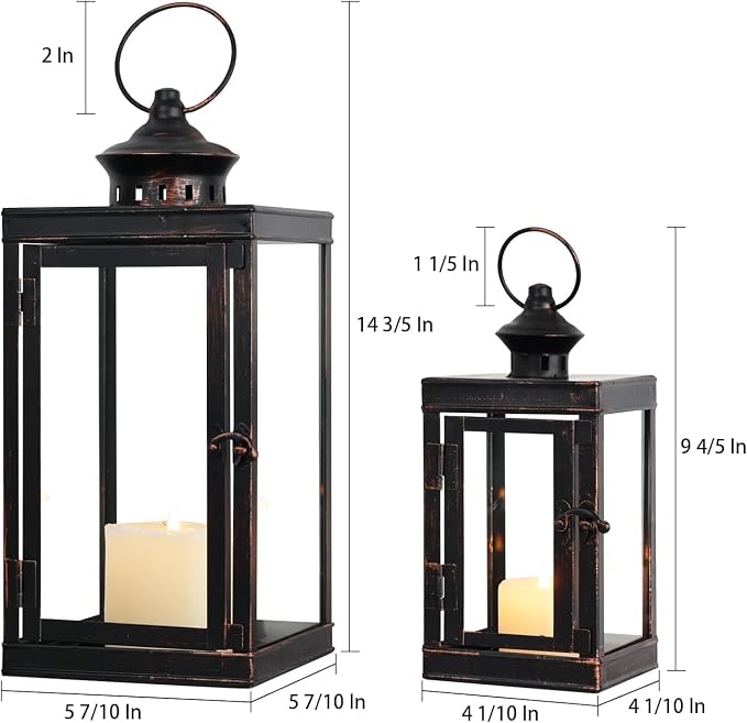 Large Lantern Decorative Outdoor & Indoor, Set of 2 (14’’&10’’) Metal Candle Lanterns Decor, Vintage Hanging Candle Holder for Front Porch Patio Wedding Farmhouse Home, Spring Decoration