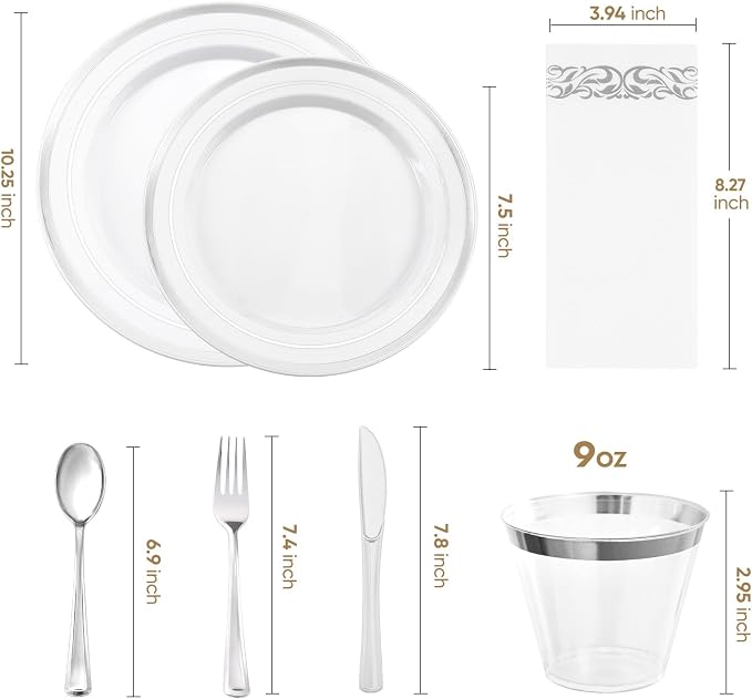 350-Piece Silver Rim Plastic Dinnerware Set for 50 Guests, Elegant Disposable Dinnerware for Party, Wedding, Includes Dinner Plates, Dessert Plates, Silverware, Napkins, Cups