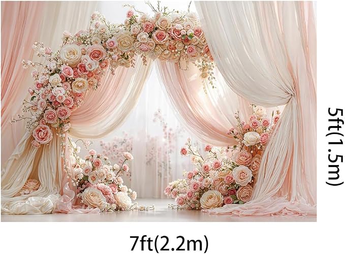 Kate Wedding Backdrop Pink Floral Arch Photography Background 7x5ft Blush Pink and Ivory Curtain with Roses Flower Decor Backdrop for Bridal Shower Photo Booth Props Backdrop
