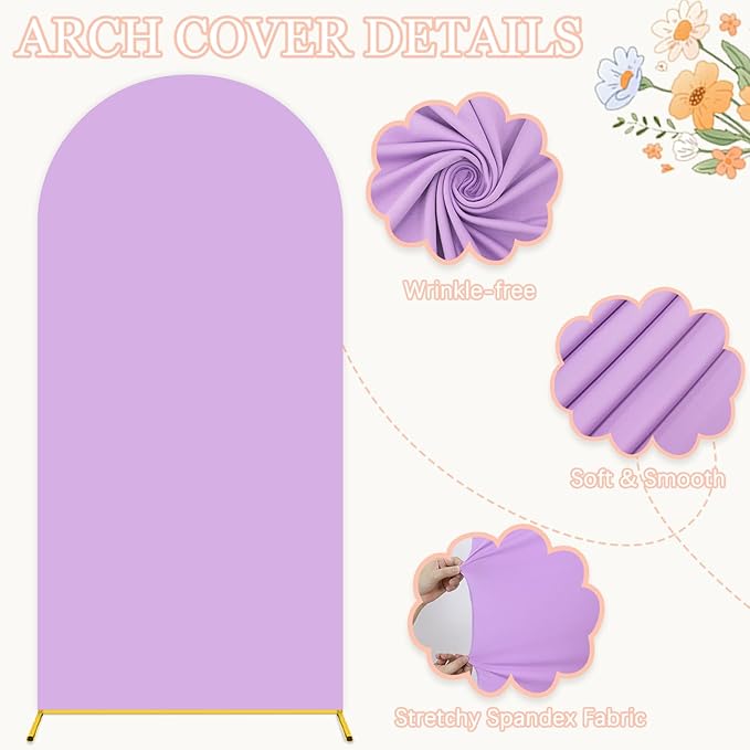 7.2 FT Wedding Arch Backdrop Stand and Arch Cover Gold Metal Arched Backdrop Frame Stand with Lilac Spandex Arches Covers Stretchy Backdrops for Birthday Baby Shower Party Ceremony Decor