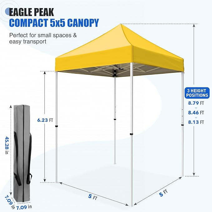 EAGLE PEAK 5x5 Pop Up Canopy Tent Instant Outdoor Canopy Easy Set-up Straight Leg Folding Shelter, Yellow