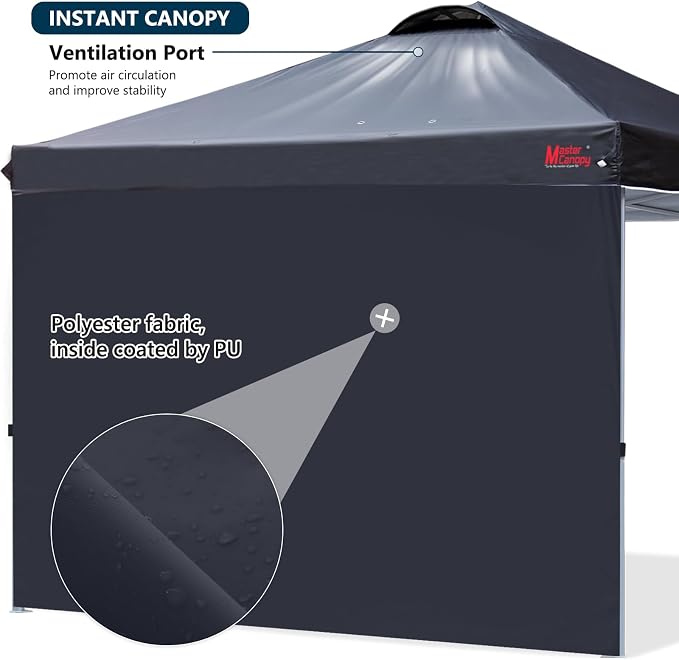MASTERCANOPY 8x8 Pop Up Canopy Tent with 1 Sidewall, 1 Person Setup Instant Shelter, Outdoor Portable Beach Canopy, 1 Roller Bag, 4 Sandbags, 4 Ropes, 8 Stakes (8x8, Black)