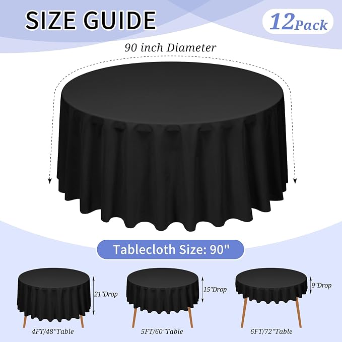 12 Pack Black Tablecloth 90 Inch Round Table Cover | Wrinkle Resistant, Machine Washable Reusable, Wedding, Banquet, Restaurant, Party, Baby Shower,Indoor Outdoor Events
