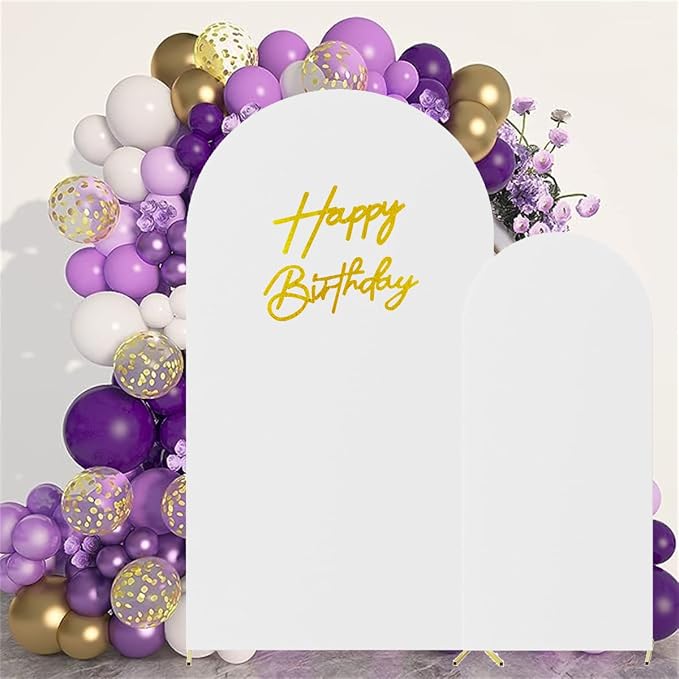 HAINARverS 6FT/7.2FT White Arch Backdrop Cover Spandex with Glitter Gold Happy Birthday Sign for Wedding Birthday Party Ceremony Banquet Decoration(White)