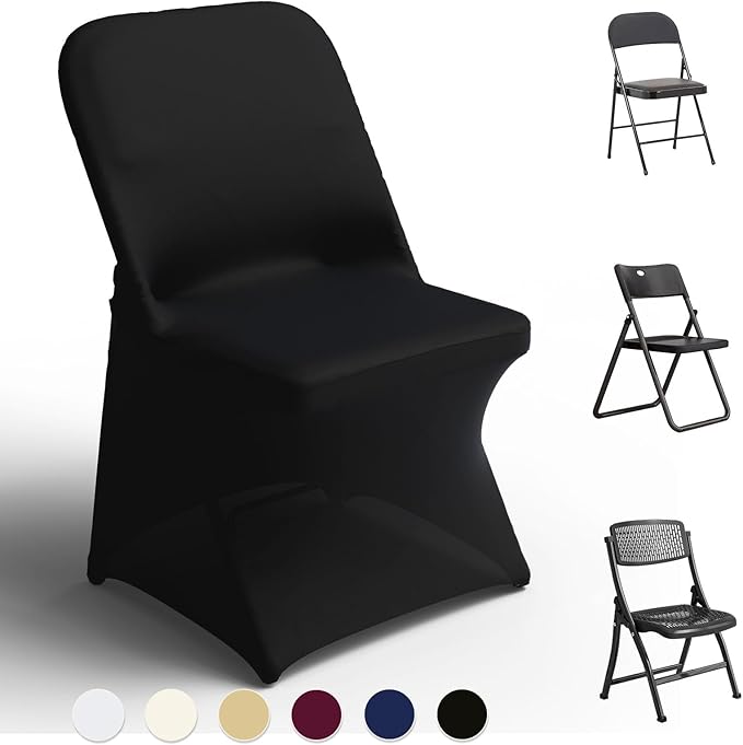 Trlyc Spandex Folding Chair Covers 50 Pcs Universal Fitted Stretchy Dining Chair Slipcovers for Wedding Party Banquet Flat-Front Chair Cover (Black)