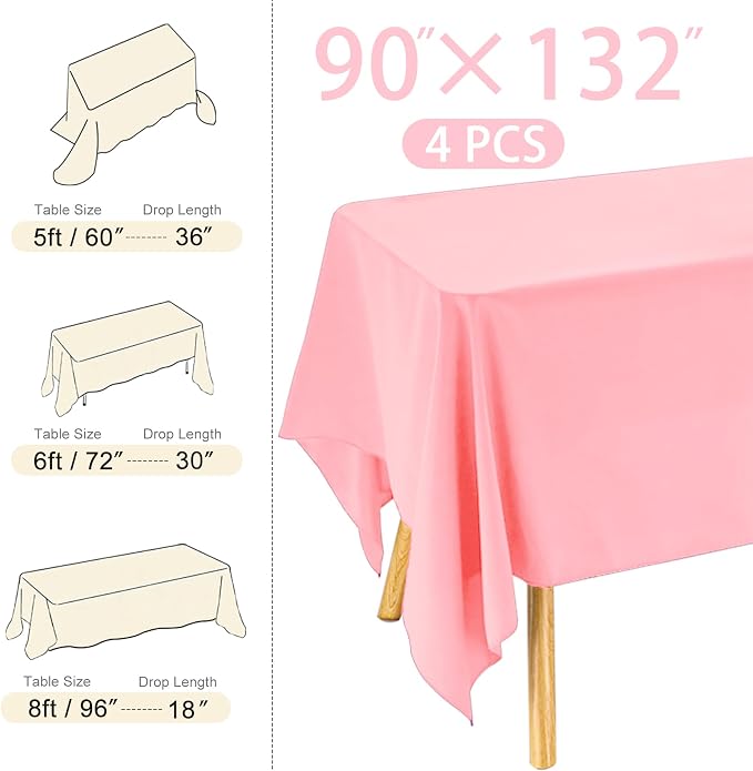 4 Pack Rectangle Tablecloth 90x132Inch Pink Washable Polyester Table Cover for Wedding Dining Table Buffet Parties Banquet Decoration（Pink）