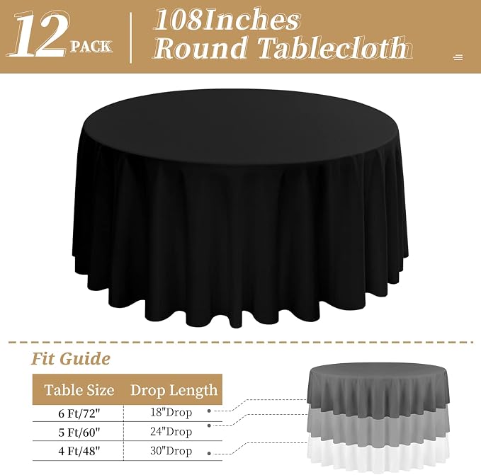 12 Pack Round Tablecloth 108 Inch - Black Polyester Tablecloth for Round Table, Premium Stain and Wrinkle Resistant Washable Fabric Table Cover for Wedding Party Banquet Restaurant Reception