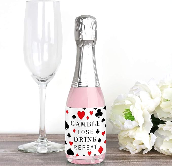Big Dot of Happiness Las Vegas - Mini Wine and Champagne Bottle Label Stickers - Casino Party Favor Gift for Women and Men - Set of 16