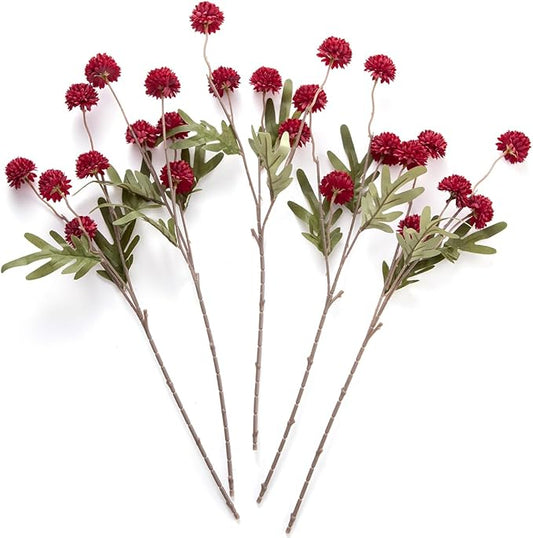 Laelfe Artificial Kiku Flower Wind Red- 5 Pcs Fake Pompon Mums Silk Small Chrysanthemum Faux Ball Fall Flower Stem Decor for Wedding Filler DIY Bouquet Centerpieces Arrangements Shower (Dark Red)