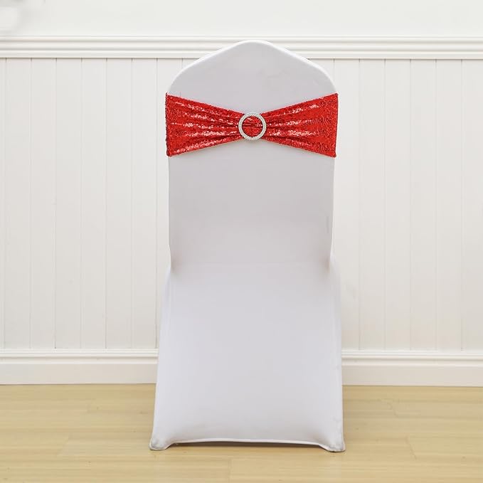 Full Sparkly Sequins Red Chair Sashes for Wedding Decor, Glitter Chair Bands with Buckles, Sequin Chair Bows for Party Ceremony Event Decorations - 100 Pack