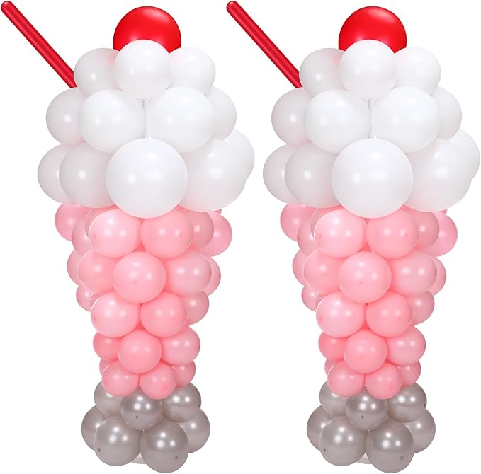 2 Set Ice Cream Balloon Column Stand Kit with 150 Balloon 2 Removable Milkshake Stand with Weighted Base and Stick 30 Rings Column Tower for Baby Shower Birthday Wedding Party Decor