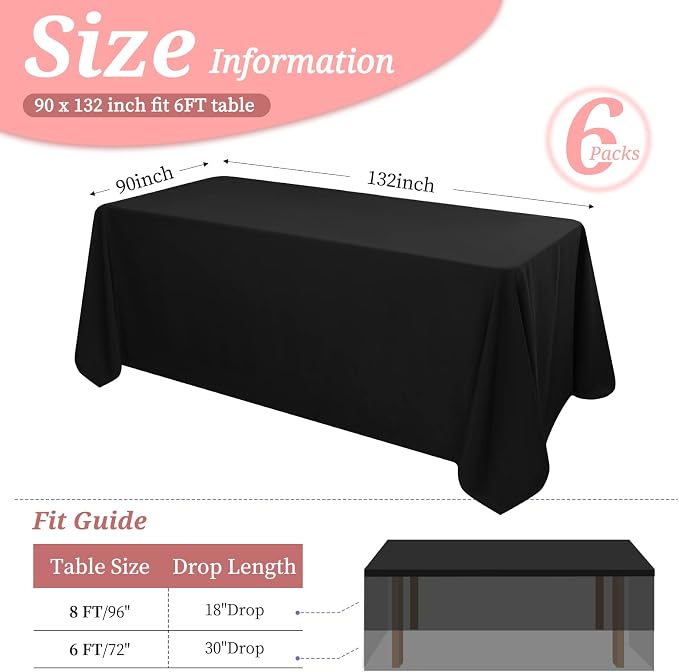 6 Pack Tablecloth 90 x 132 inch Polyester Table Cloth for 6 Foot Rectangle Tables,Stain and Wrinkle Resistant Washable Fabric Table Covers Polyester Black Table Clothes for Wedding,Party,Banquet