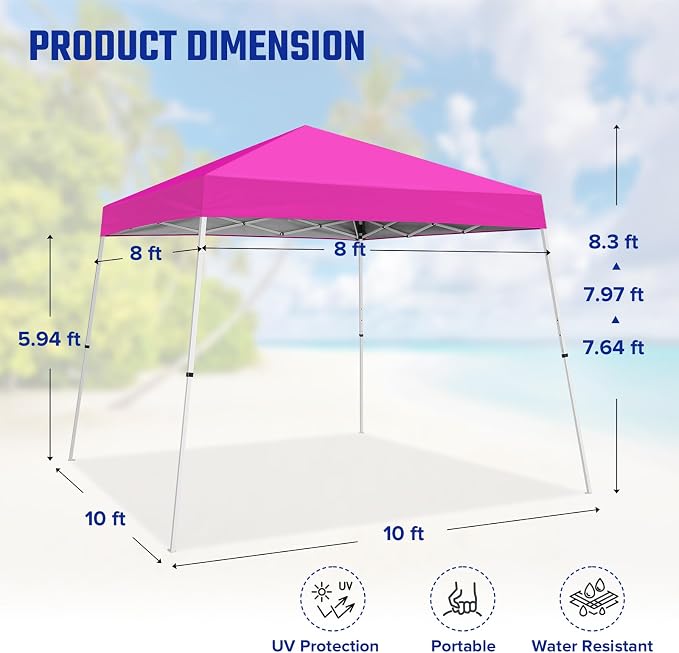 10x10 Pop Up Canopy Tent with Carry Bag, Slant Leg Instant Shade Shelter for Outdoor Events, Camping, Sports, Parties, Pink
