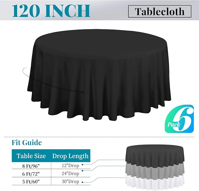fani 6 Pack Black Round Tablecloth 120 Inch Polyester Tablecloth for Round Table, Stain and Wrinkle Resistant Washable Fabric Table Cloth Circular Table Cover for Wedding Party Dining Banquet