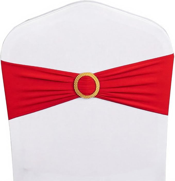 Pack of 100 Spandex Red Chair Sashes with Gold Buckles, Stretch Chairs Sashes for Wedding Party Baby Shower Ceremony Event Decorations Chair Bands Bows (Red Sashes, Gold Buckles)