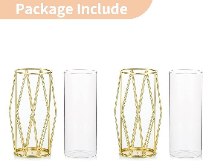NUPTIO Gold Geometric Hurricane Glass Candle Holders, Set of 2 | 2 Matching Diamond Frames, Clear Cylinder Vases, for Flowers, Pillar Candles, Wedding Party Table Centerpieces