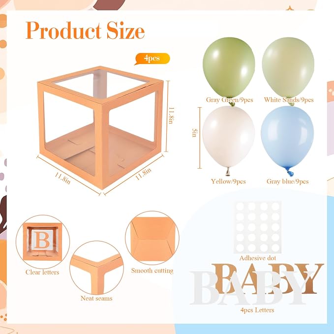 Zhanmai Baby Boxes for Bear Baby Shower Decoration with 4 Letters 36 Balloons 4 Transparent Clear Balloon Box Blocks for Boy Girl Balloon Boxes Gender Reveal Party Favors (Green,Yellow,Blue,White)
