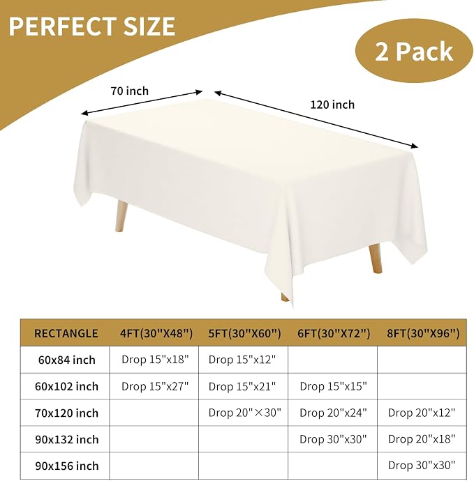 Fixwal 2 Pack Ivory 70 x 120 Inch Rectangle Tablecloths, Reusable Heavy Duty Washable Polyester Table Covers for 6-8 Ft Tables, Wedding, Bridal Shower, Boho Party, Outdoor, Picnic