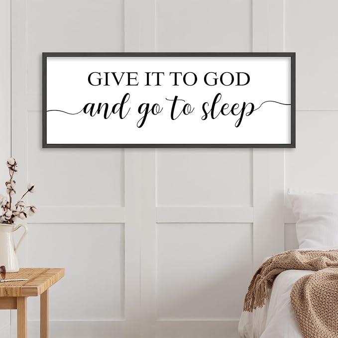 Give It To God And Go To Sleep Bedroom Wall Decor Above Bed Christian Art | 40x15 Inch Large Rustic Black Wood Framed Farmhouse sign Wall Art for Master Guest Room Over Bed Plaque Ready to Hang