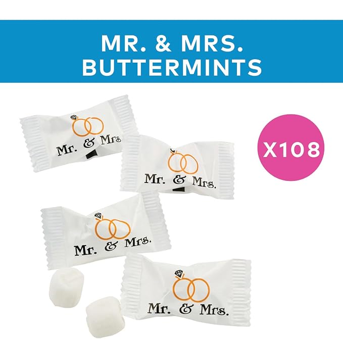 Fun Express Mr. & Mrs. Wedding Buttermints - 108 Individually Wrapped White Butter Mints for Wedding Favors, Bridal Shower & Reception Tables | Classic Candy for Guests Bulk - 14 oz Premium Pack