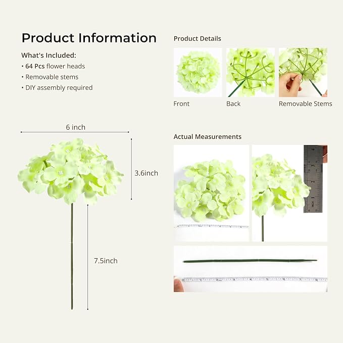 Auihiay 64 PCS Full Hydrangea Flowers, Silk Hydrangea Artificial Flowers Heads with Stems, Artificial Flowers for Wedding, Garden, Baby Shower, Party, Outdoor Indoor Decoration (Light Green)