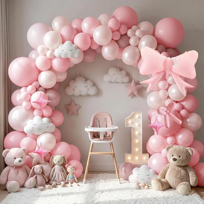 Pearl Pink Balloons Light Pink Balloon Arch With Foil Bow Balloon 4 Corner Star Long Balloons for Birthday Bow Princess Baby Shower Bridal Shower Sweet Girls Party Decorations