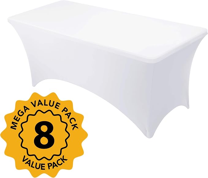 8-Pack Premium White Spandex Tablecloths for 6ft Rectangle Tables, Stain & Wrinkle-Resistant, Washable Stretch Polyester Fitted Table Cover for Weddings, Banquets, Trade Shows Events