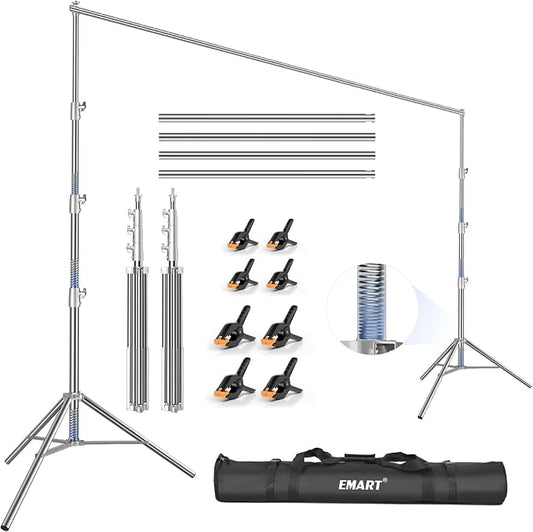 EMART Stainless Steel 10x10FT Backdrop Stand Heavy Duty,Photo Back Drop Adjustable Stand with 8 Backdrop Clamps and Carry Bag,Background Support System Kit for Photography Studio,Wedding,Party,Video