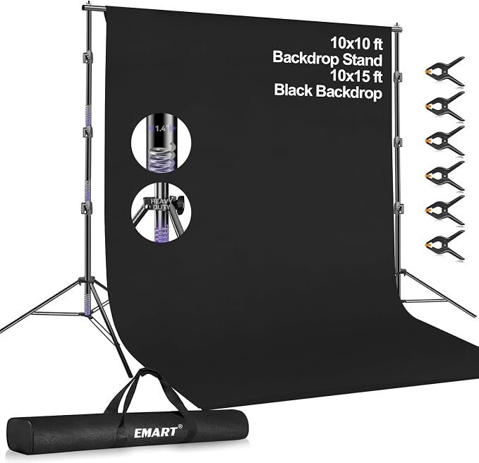 EMART 10 x 10 ft Adjustable Photo Backdrop Stand Kit with 15 x 10 ft Portable Black Backdrop, Background Holder Support System Kit for Photography, Party, Live Game, Interviews, YouTube, TIK Tok