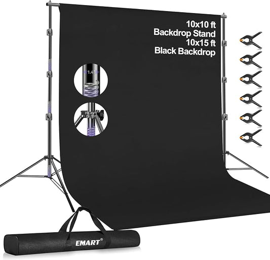 EMART 10 x 10 ft Adjustable Photo Backdrop Stand Kit with 15 x 10 ft Portable Black Backdrop, Background Holder Support System Kit for Photography, Party, Live Game, Interviews, YouTube, TIK Tok