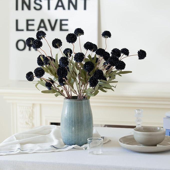 Laelfe Black Kiku Artificial Flower - 5 Pcs Fake Pompon Mums Silk Small Chrysanthemum Faux Ball Flower Stem Decor for Home Wedding Filler DIY Bouquet Centerpieces Arrangements Shower(Black)