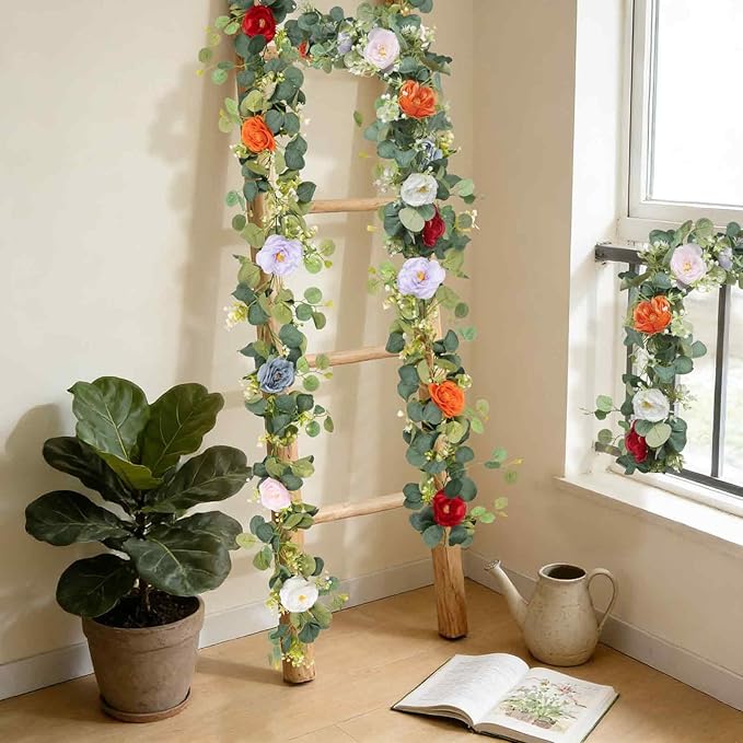 2Pcs(10FT) Artificial Eucalyptus Garlands with Rose Flowers, Faux Floral Greenery Garland Fake Flower Vines for Valentine's Day Wedding Table Arch Party Anniversary Backdrop Decor (Colorful)