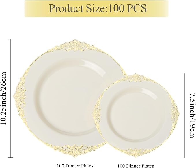 Bestluck 100 PCS Ivory and Gold Plastic Plates for 50 Guests, Gold Disposable Plates Include 50 PCS Dinner Plates, 50 PCS Dessert Plates for Party, Wedding and Graduation (100, Ivory White)