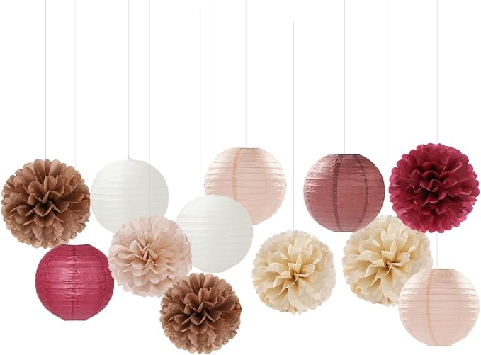 Burgundy-Brown Champagne Party-Decorations Paper-Flowers Lanterns - 15PCS Fall Boho Tissue Pom Poms Streamers,Autumn Rustic Baby Shower Neutral Wedding Birthday Decor Hugfond