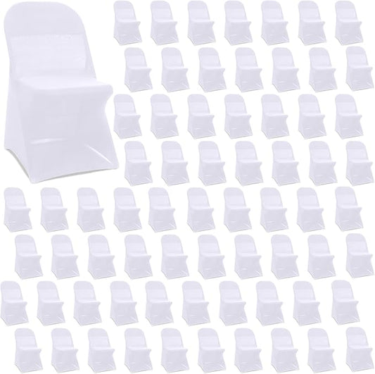 Newwiee 150 Pcs Spandex Chair Covers Bulk - Stretch Folding Flat Front Fitted Universal Chair Protector Pack Removable Washable for Wedding Party Dining Banquet Event (White)
