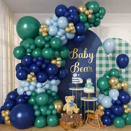 Green and Navy Blue Balloon Arch Kit, Dusty Dark Blue and Sage Green Gold Balloon Garland Kit for Boys Luxury Bear Baby Shower Jungle Safari Mens Birthday Xmas Party Decorations