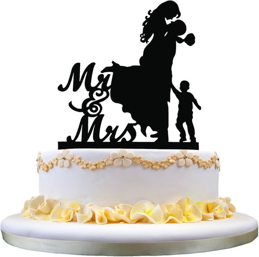 Couple with Little Boy Silhouette, Mr and Mrs Wedding Cake Topper