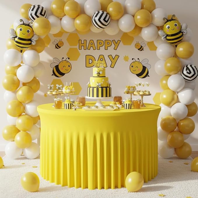 4 Pack Yellow 60 inch Round Spandex Tablecloth,Wrinkle-Free Stretchy Fitted 5FT Round Tables,Elastic Edge with Skirt,Washable Tablecloths for Wedding Banquet Party Birthday Buffet