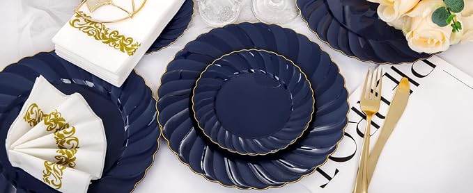 YOUBET 150PCS Blue Plastic Plates - Gold Plastic Silverware - Heavy Duty Navy Blue Disposable Plates include 50 Plates, 25 Forks, 25 Knives, 25 Spoons, 25 Napkins for Wedding Birthday Parties
