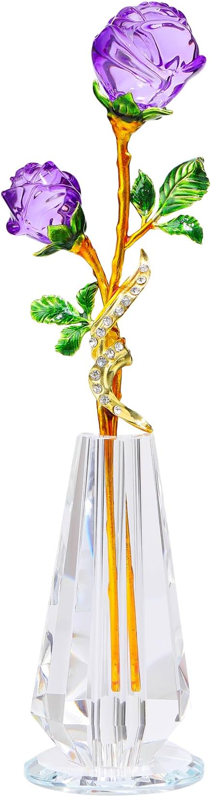 Arikyrist Purple Rose Flower Crystal Figurine with Vase, Handmade Bouquet Glass Flowers Ornament Rose Gifts for Wife Women, Crystal Flower Home Table Decor for Valentine Mother's Day Wedding