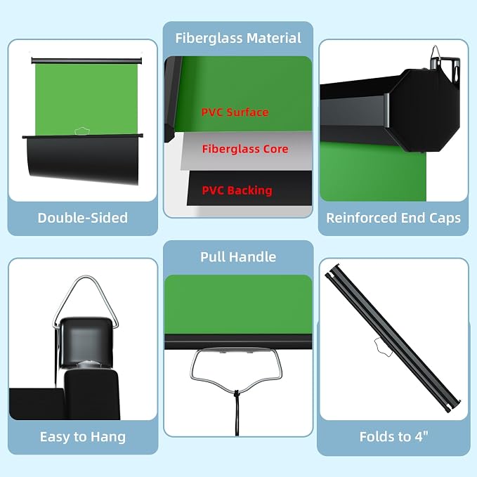 Retractable Green Photography Backdrop 36" x 59", Portable Roll-Up, Pull-Down Background, Auto-Lock Backdrop Screen for Passport Photo, Product Photography, Headshots, Video Studio