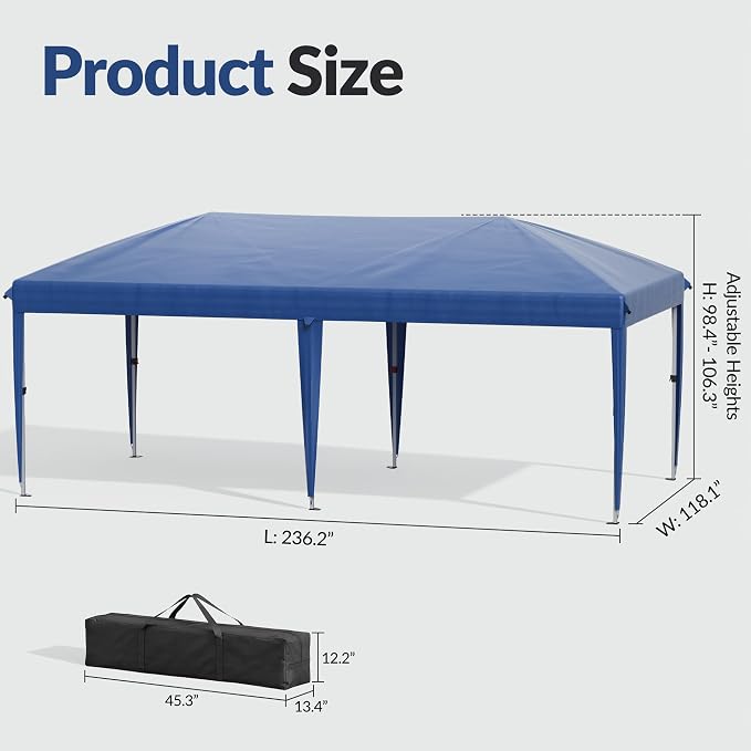 10x20 Pop Up Canopy Without Sidewalls, Instant Tent with Carry Bag, Sandbags, Height Adjustable Waterproof Outdoor Canopy, Outdoor Canopy for Events, Camping, Parties (Blue)