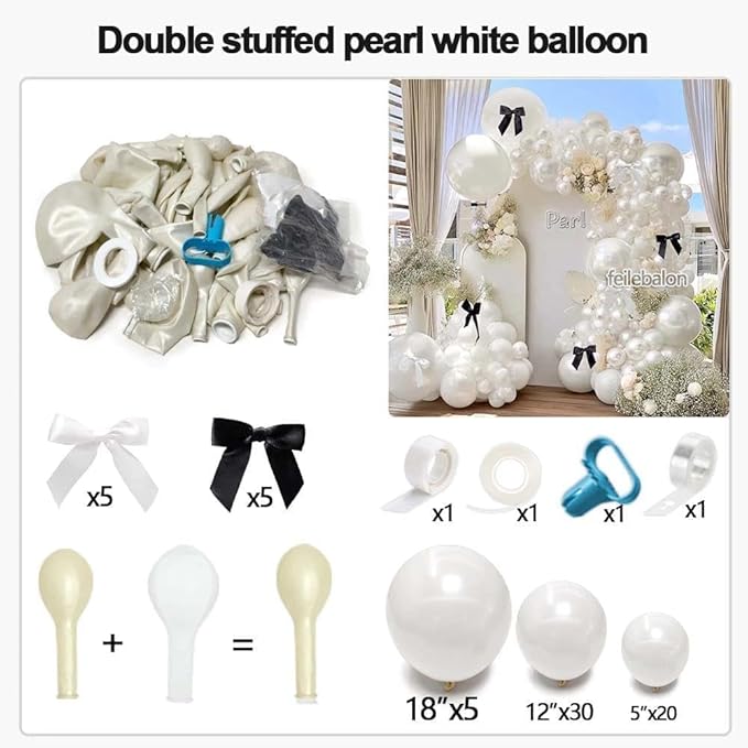 Pearl White Balloon Arch Kit,Double Stuffed White Pearl Balloon Garland Different Sizes 5/12/18 Inch with Black and White Bow for Baby Shower Baptism Wedding Birthday Engagement Party Decoration