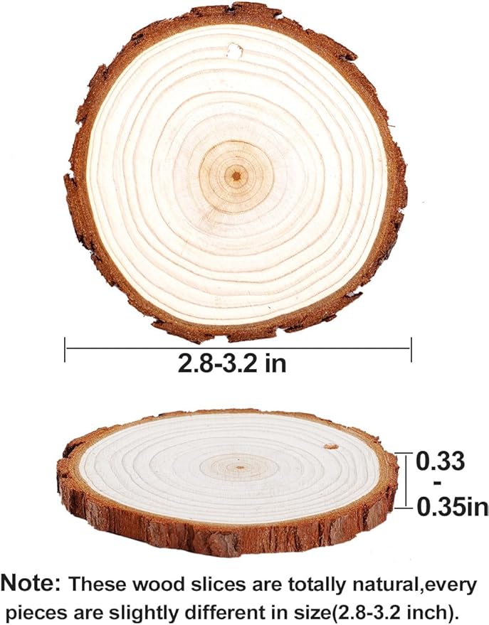 wohohoho 32pcs 2.8-3.2 inches Natural Wood Slices, Unfinished Craft Wood Kit Predrilled with Hole Thickened Wooden Circles with Bark for DIY Ornaments Christmas Wedding Decorations Wood Coasters Tags
